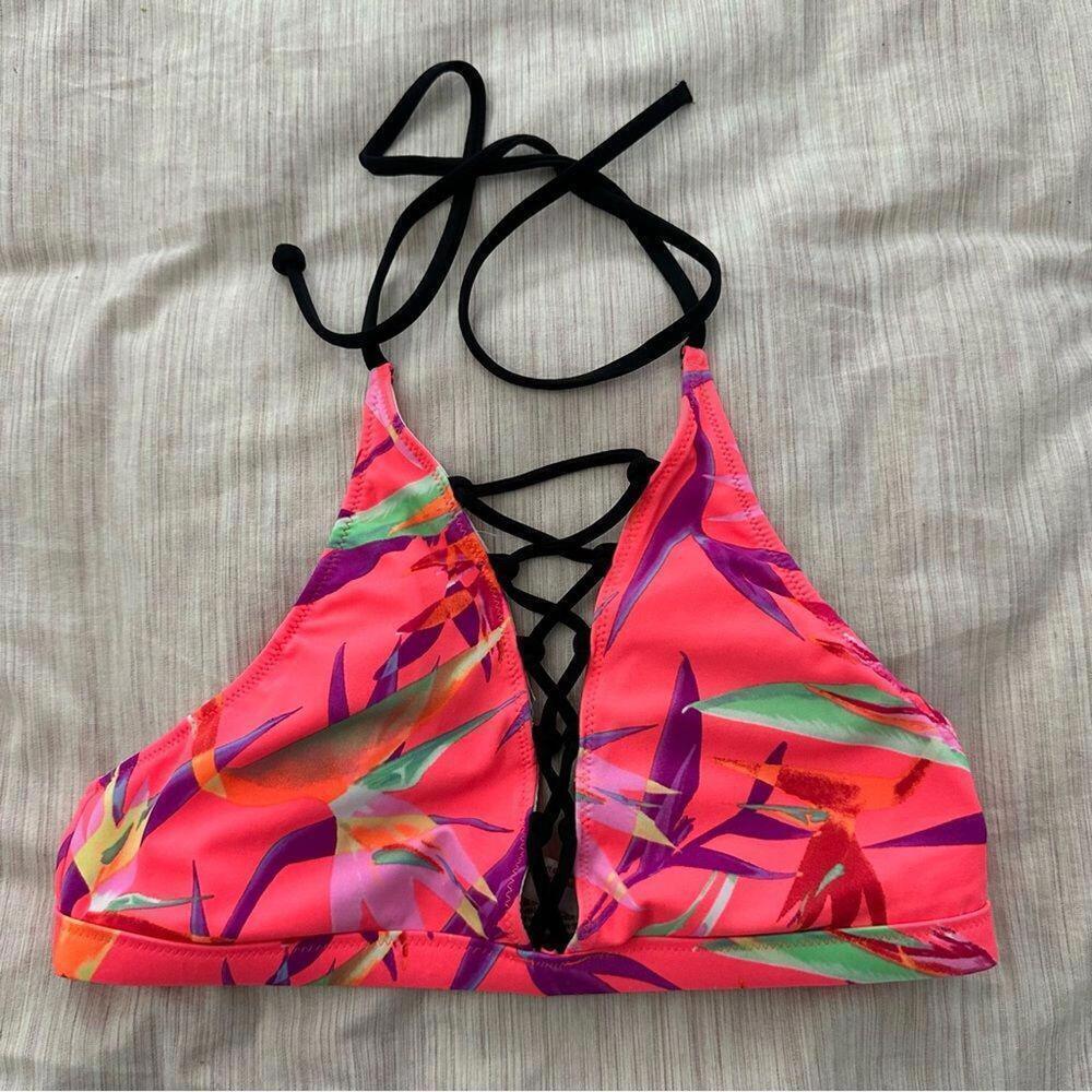 Victorias Secret Pink Small Tropical Pink Floral Lace Up Strappy Bikini Top